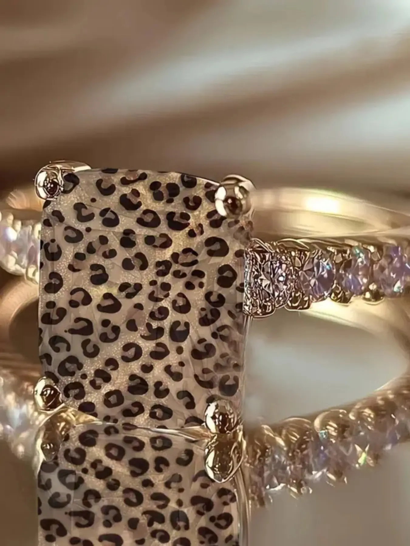 Leopard Print Square Statement Ring, Wild Pattern Design, Animal Theme, Side Embellishments, Bold Personalized Fashion Jewelry Ring, Unique Ring