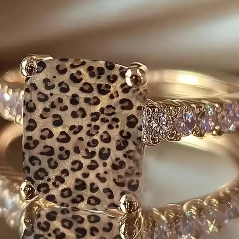 Leopard Print Square Statement Ring, Wild Pattern Design, Animal Theme, Side Embellishments, Bold Personalized Fashion Jewelry Ring, Unique Ring