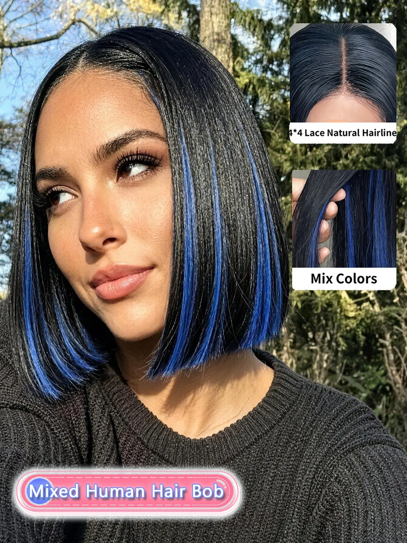 Human Hair Blunt Cut Bob Wig, 10 Inch Mixed Color Middle Part 4x4 Lace Closure Wig, Full Thick Ends, Natural Hair Volume, Smooth Straight Finish for Women