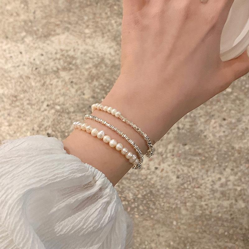Silver Chip Baroque Pearl Bracelet for Women | Trendy Stackable Beaded Hand Accessory | Light Luxury Unique Delicate Daily Wear Hypoallergenic Plated Matching