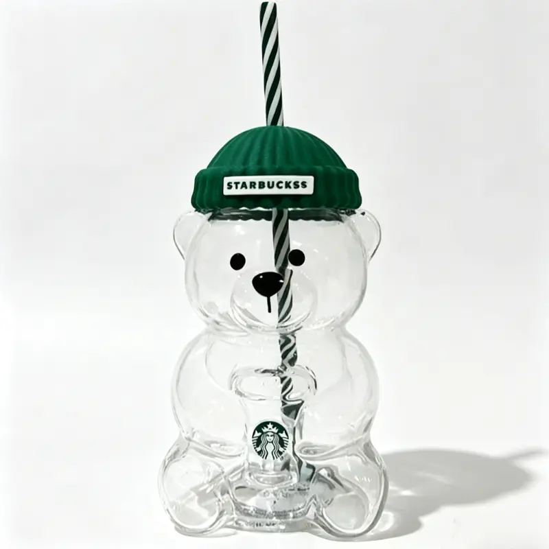 591ml Bear Shape Glass Tumbler with Lid and Straw Reusable Starbucks Style Water Bottle Leakproof Iced Coffee Cup Perfect for Office Travel Camping and Ideal Gift for Friends Family