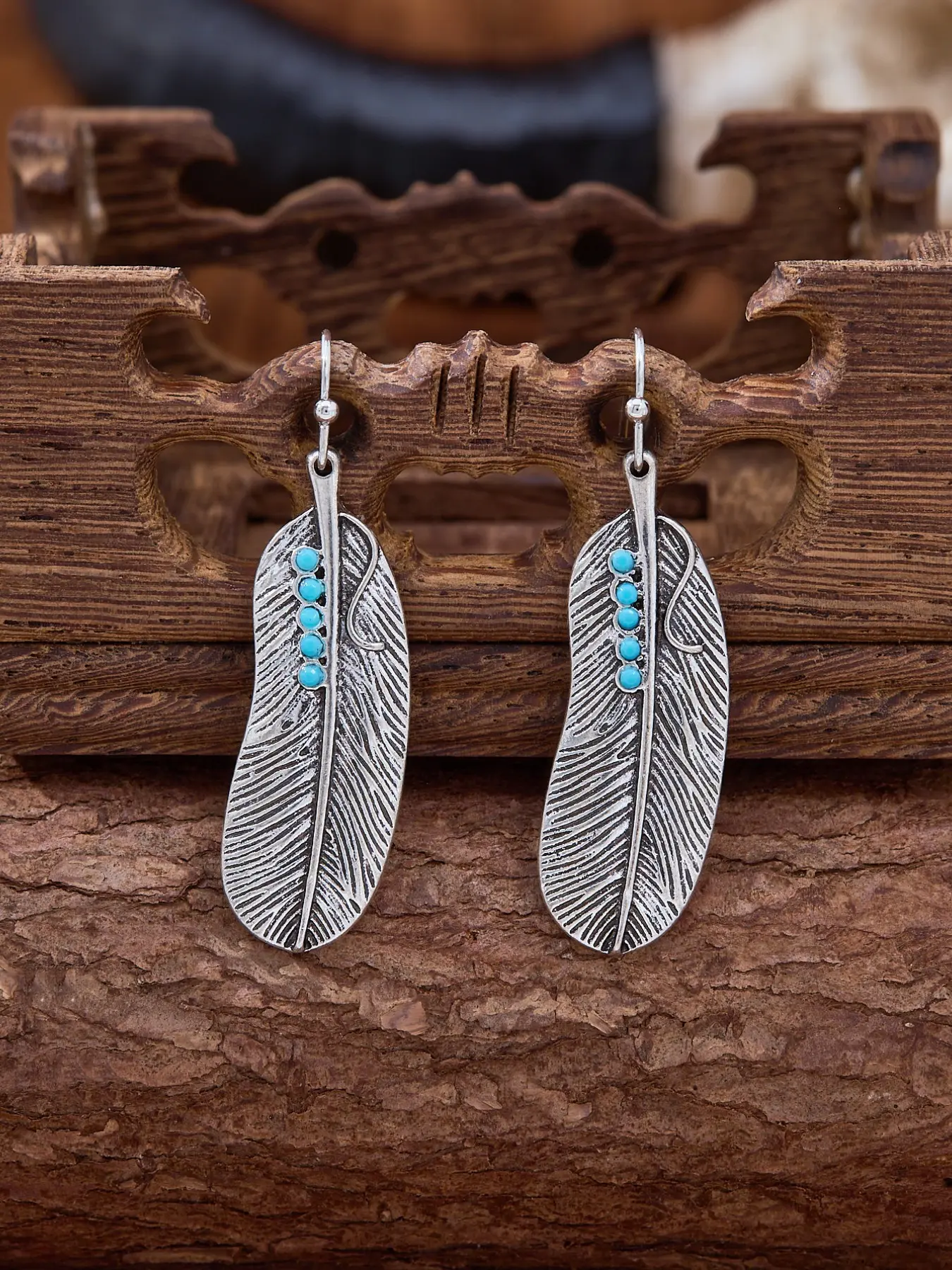 Western Retro Feather Turquoise Earrings for Women, Boho Ethnic Style, Unique Daily Wear Jewelry, Elegant Gift for Her