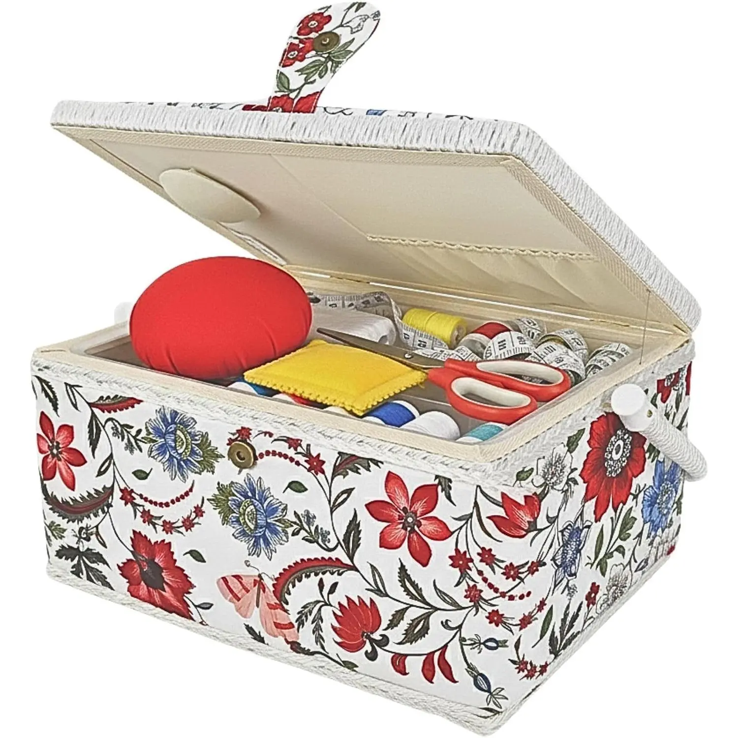 Large Sewing Basket with Complete Sewing Accessories and Removable Tray, Professional Beginner Sewing Box for Sewing Supplies, Red Floral