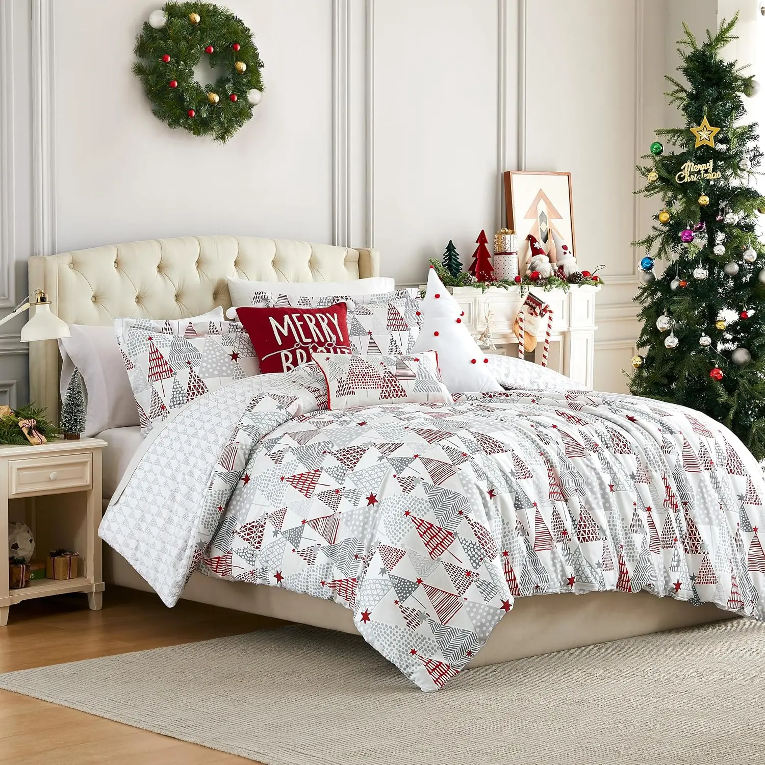 6- Christmas Comforter Set , Reversible Christmas Bedding, Winter Comforter /Full, 3 Throw Pillows, 2 Shams, Holiday Bedding, Red & Grey, Merry & Bright