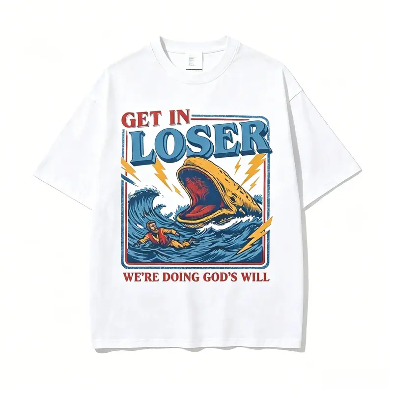 Women's Short Sleeve Retro Washed Oversized T-Shirt - Unisex Funny Christian Jonah and the Whale Print Tee, Comfortable Breathable Faith Humor Top, "Get In Loser We're Doing God's Will" Religious Gift, Tshirt