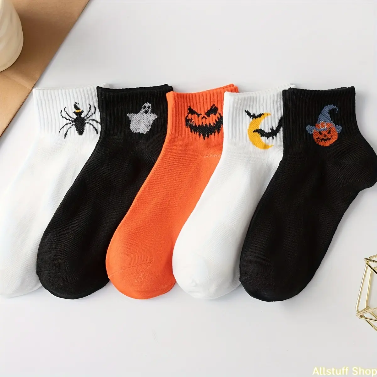 5-Pair Pack Halloween Themed Women's Ankle Socks with Spider, Bat,, Pumpkin Head, and Patterns