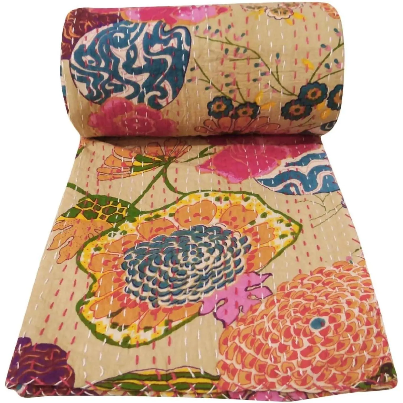 Twin/King Indian Fruit Reversible Pure Cotton Kantha Style Quilt Floral Fruit Print Decorative Kantha Stitch Quilt (Beige, Twin 60 * 90 Inches)