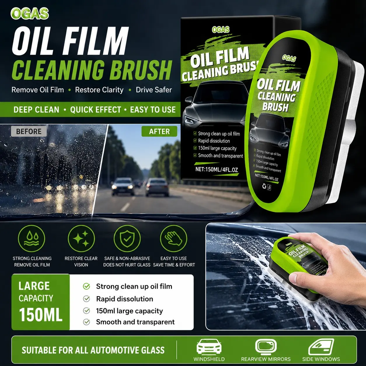 Car Glass Oil Film Remover Brush, Front Windshield Side Window Rearview Mirror Cleaning Brush, Strong Coating Removal Sponge Brush
