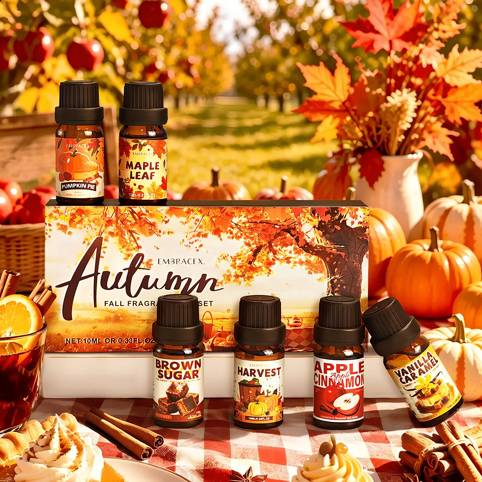 6pc/1set 10ML Autumn Essential Oils, Warm Scents for Diffusers, DIY Soap/candle Making, Holiday Gifts, Alcohol-Free, Long-Lasting Fragrance