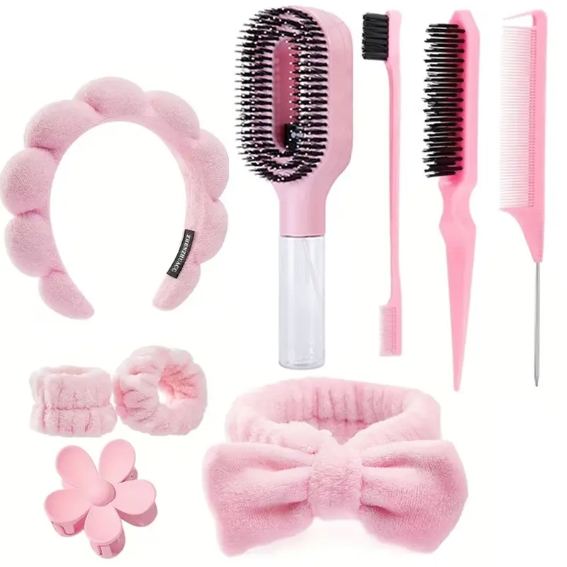 9pcs Spa Hair Styling Set, Hair Tool, 3pcs Slickback Brushes, Rat Tail Comb, 5pcs Headbands, Flower Claws, 2-In-1 Mist Spray Comb for Women Girls