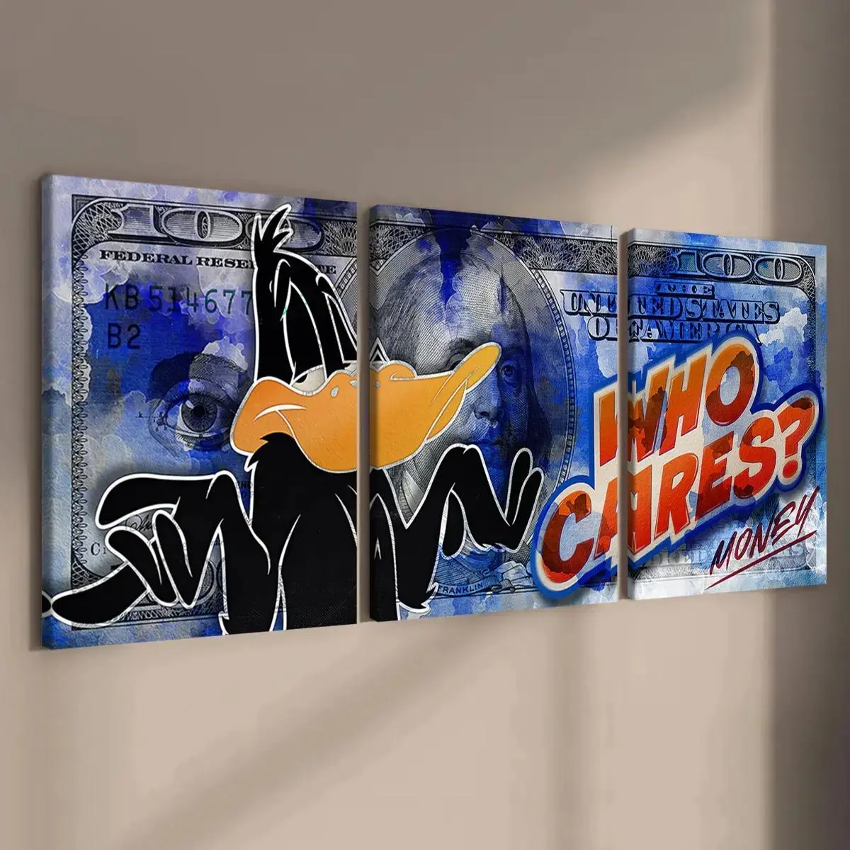 Frameless Canvas Art, American Retro Pop Style Daffy Duck Dollar Theme Triptych, Street Graffiti Decor, Who Cares Wall Art for Home, Studio, Bar, Cafe