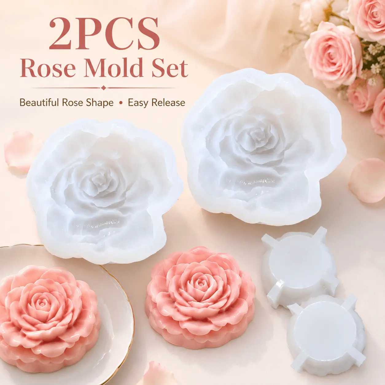 2PCS Rose Shape Silicone Fondant Mold Set - Cake Decorating Molds for Valentine’s Day Desserts, Chocolate, Gum Paste, Sugar Paste, Jelly, Pudding, Mousse, Resin Crafts, Candles, Gypsum