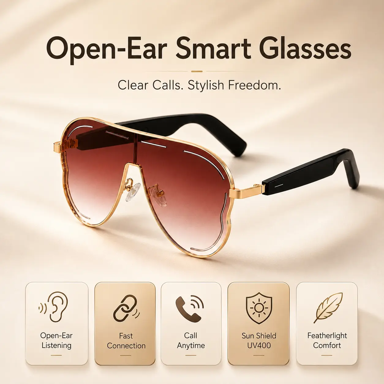 Smart Glasses, Bluetooth Audio Sunglasses with Open-Ear Speakers, Hands-Free Calling, Built In Microphone and Voice Assistant,Smart Glasses for Men Women