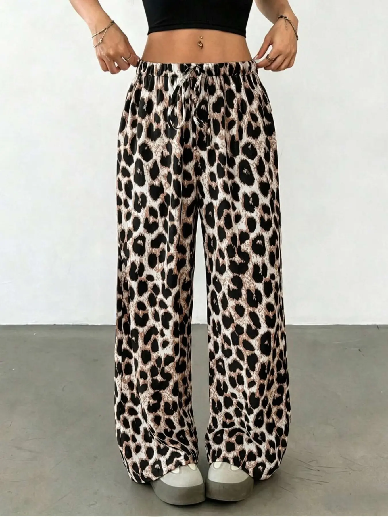Women Leopard Print Wide Leg Pants Brown Black White Elastic Drawstring Waist Loose Fit Retro Casual Streetwear Urban Style City Stroll Weekend Hangout Outdoor Gathering Casual Errands Daily Wear Spring Fall Fashion Apparel
