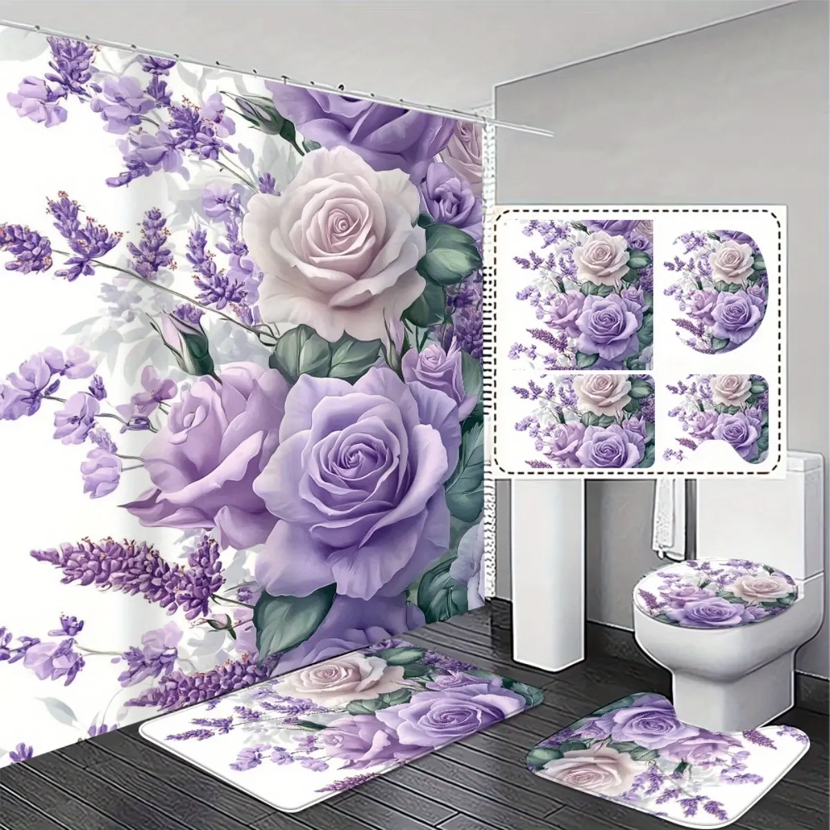 4-Piece elegant purple rose bathroom set, shower curtain, non-slip floor mat and toilet cover - floral design for luxury bathroom decoration, exquisite and practical home decoration gifts