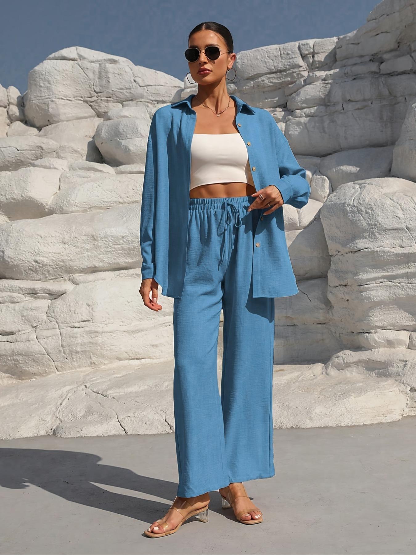 Women's Solid Button Front Shirt & Tie Front Wide Leg Pants Two-piece Set, Casual Drop Shoulder Long Sleeve Top & High Waist Trousers 2 Piece Set for Spring & Fall, Women's Clothes for Daily Wear, Linen Set, Womenswear