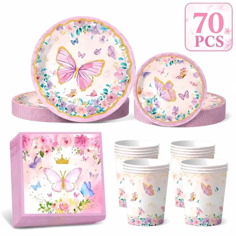 70pcs Watercolor Butterfly Flower Party Supplies Set, 20 Person Disposable Tableware, Ideal for Camping, Picnics, Birthdays, Holidays