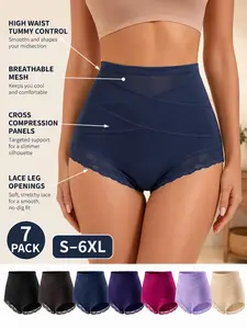 7 Pack Women's High Waisted Tummy Control Panties, Full Coverage Shaping Briefs with Cross Compression Panels, Soft Stretch Fabric, Lace Trim Design, Breathable Everyday Underwear, S-6XL Multi Color Set