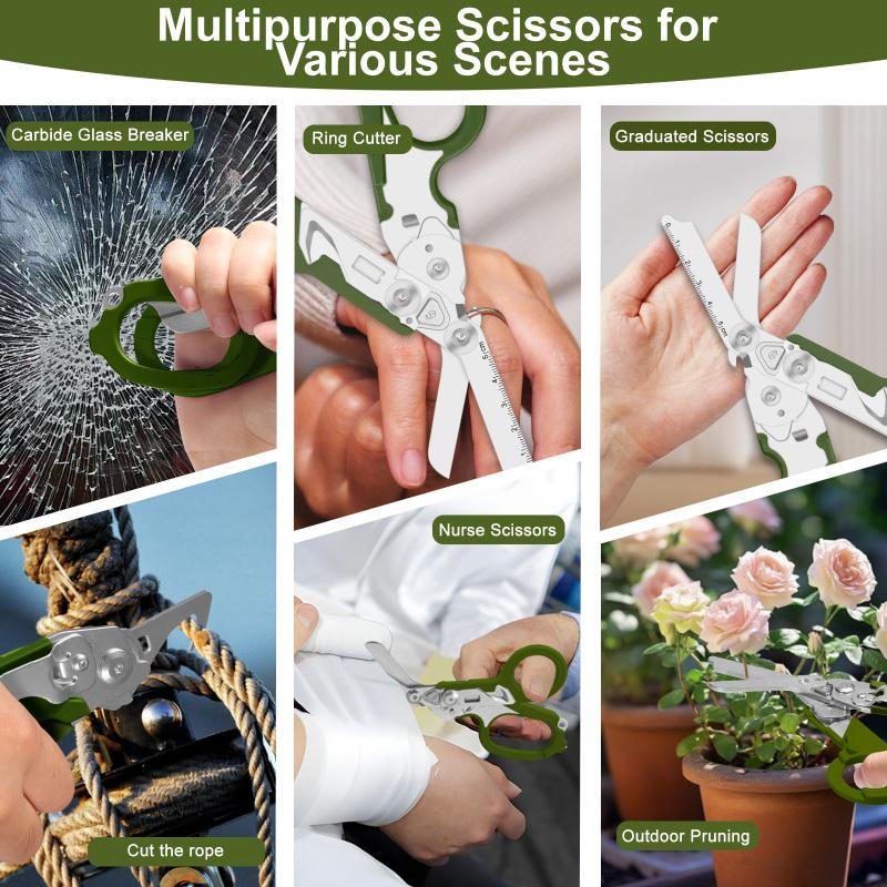 8in1 Outdoor Tactical Scissors, Upgraded EDC Multifunctional Folding Scissors, Medical Emergency Multipurpose Scissors for Outdoor Camping Hiking Home, Hand Tool, Army Green