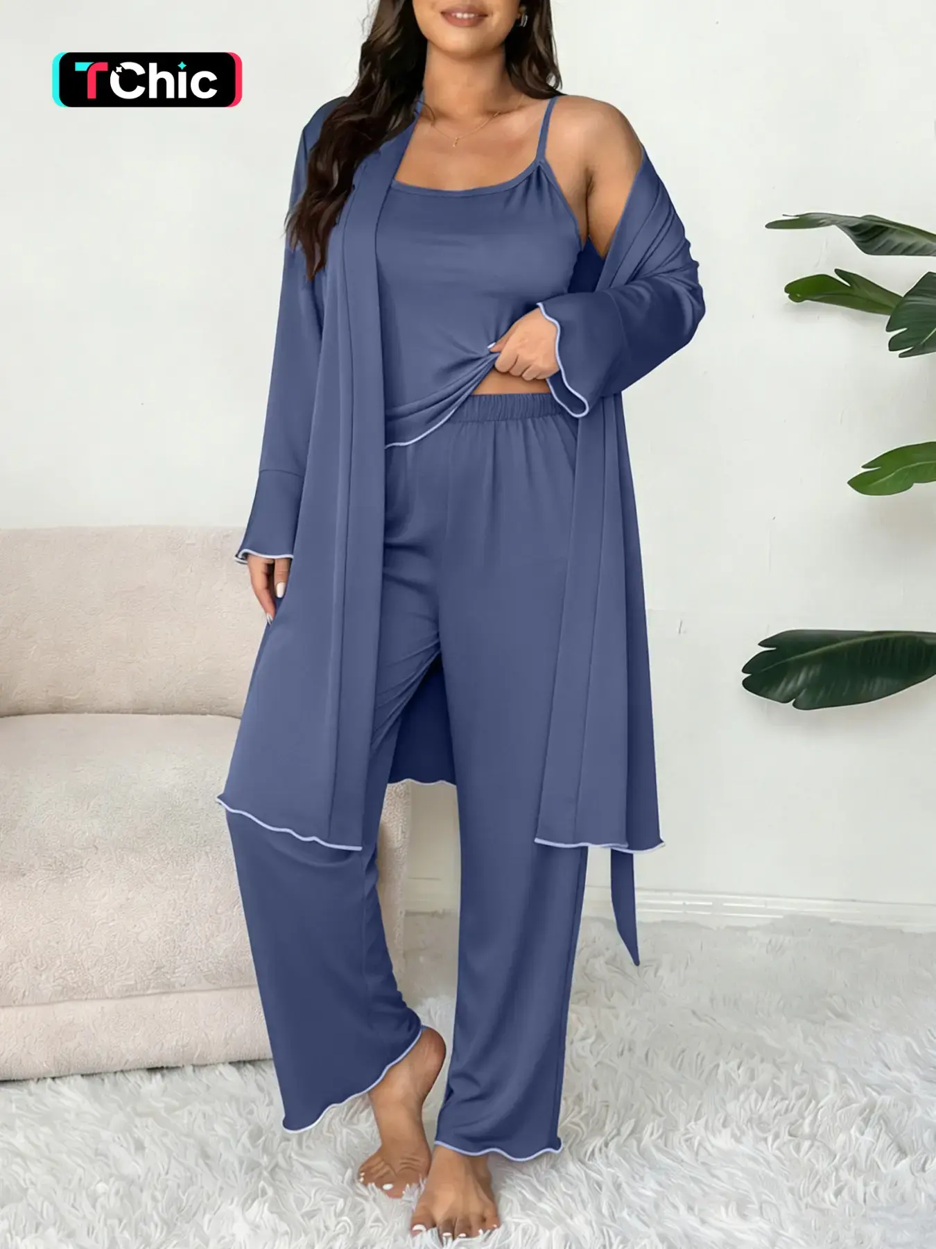 Women's Plus Size Solid Color Lace Trim Cami Pants + Casual Elegant Chic Bell Sleeve Long Sleeve Belted Robe, 3 Piece Matching Sleepwear Loungewear Pajama Set Pjs Homewear Home Clothes Loungewear