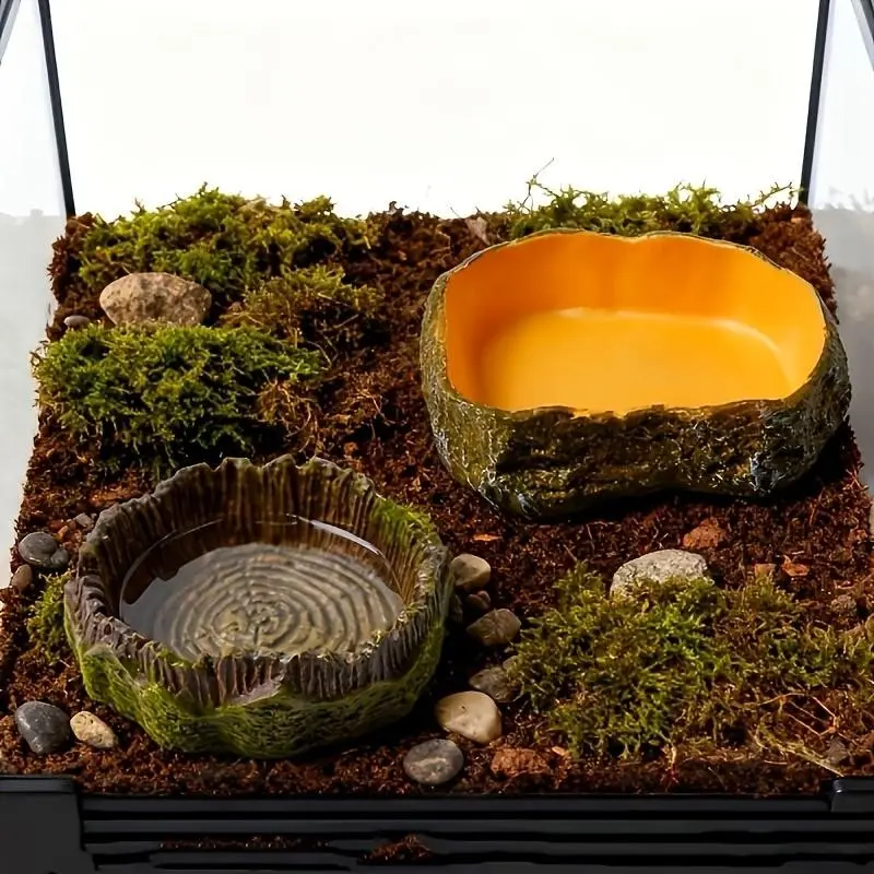 Both feeding pots have large capacity. Unique stump design and stone design make pets fearless in drinking and feeding. Suitable for small pets and reptiles such as lizards and turtles. Feeder