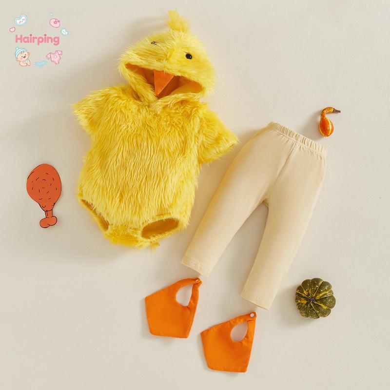Baby Chick Costume Outfit Set, 3PCS Furry Hooded Romper + Pants + Booties, Cute Easter/Halloween Animal Themed Infant Clothes, Ideal for Photoshoot & Holiday Gift