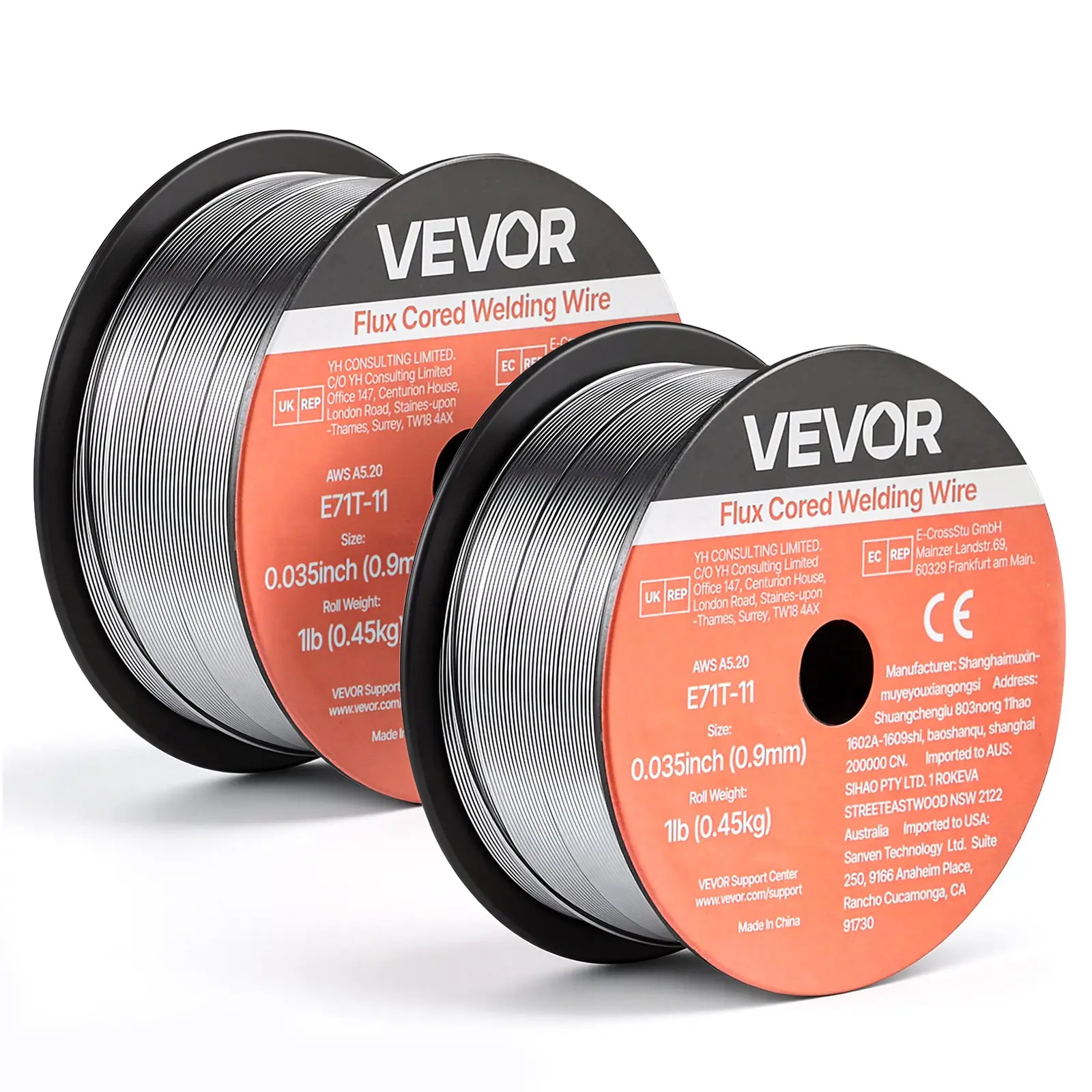 VEVOR Flux Core MIG Welding Wire, E71T-11 0.035-inch 1 LBS, Gasless Mild Steel Welding Wire with Low Spatter for All Position Arc Welding, Self-Shielded for Outdoor Use (Pack of 2 Rolls)
