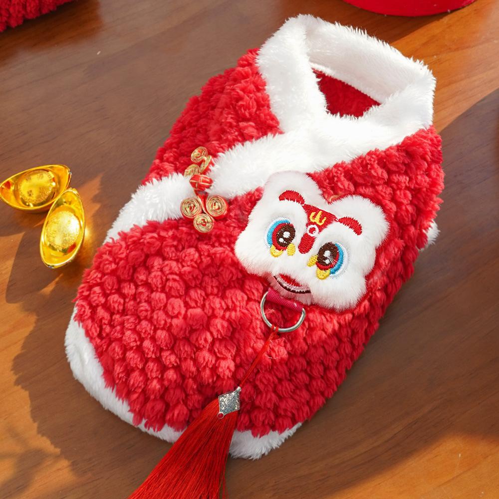 Lion Dance Style Fleece Lined Warm Pet Clothing for Dogs Cats Teddy Chinese New Year Outfit Formal Wear