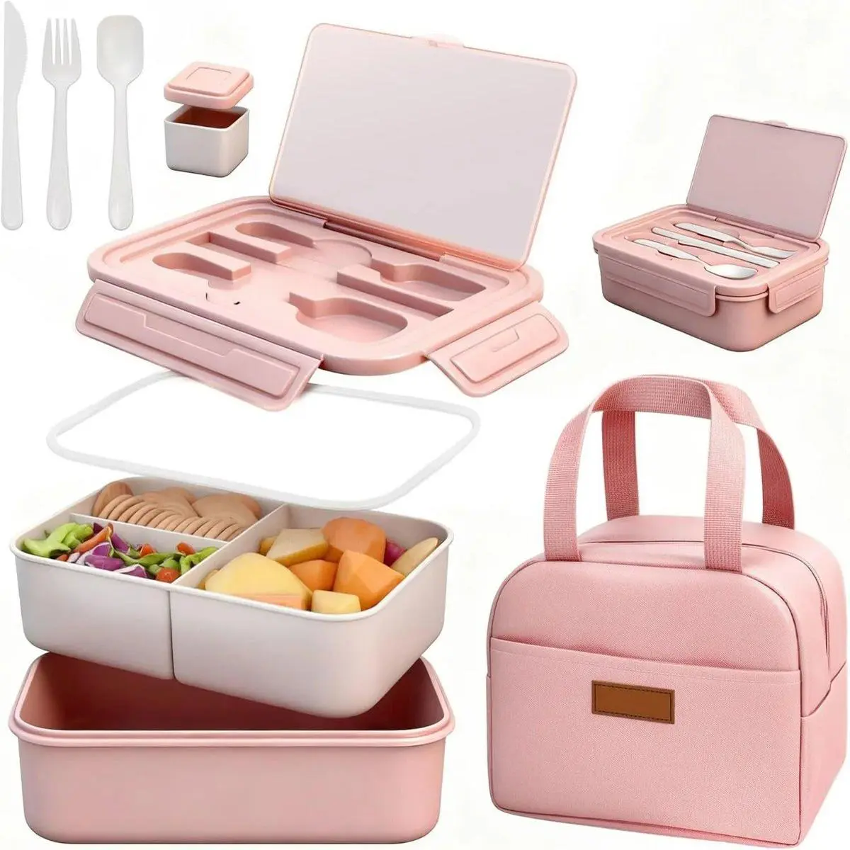 Women & Girls' 1100ml BPA-Free Pink Multi-Compartment Bento Box Full Kit - Includes Lunch Bag, Cutlery (Spoon, Fork), Sauce Box, Leakproof Seal; Microwave-Safe, Dishwasher-Safe for Work, School, Includes Cutlery, Lunch Boxes, Tableware