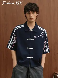 UNISEX SPRING SUMMER LOOSE CHINESE FROG BUTTON SHORT SLEEVE SHIRT, RARE AESTHETIC SAKURA FLORAL EMBROIDERY 3 STRIPES COLLAR CASUAL TOP, ORIENTAL CHINESE STYLE OVERSIZE STREET LOUNGE SHIRT FOR DAILY OUTINGS VACATION