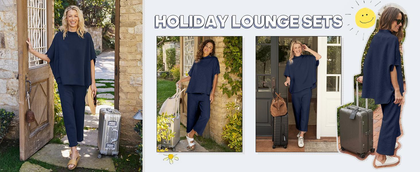 Imily Bela Women's Two Piece Outfits Crew Neck Pullover Tops 3/4 Batwing Sleeve Capelet Wide Leg Pants Casual Lounge Set