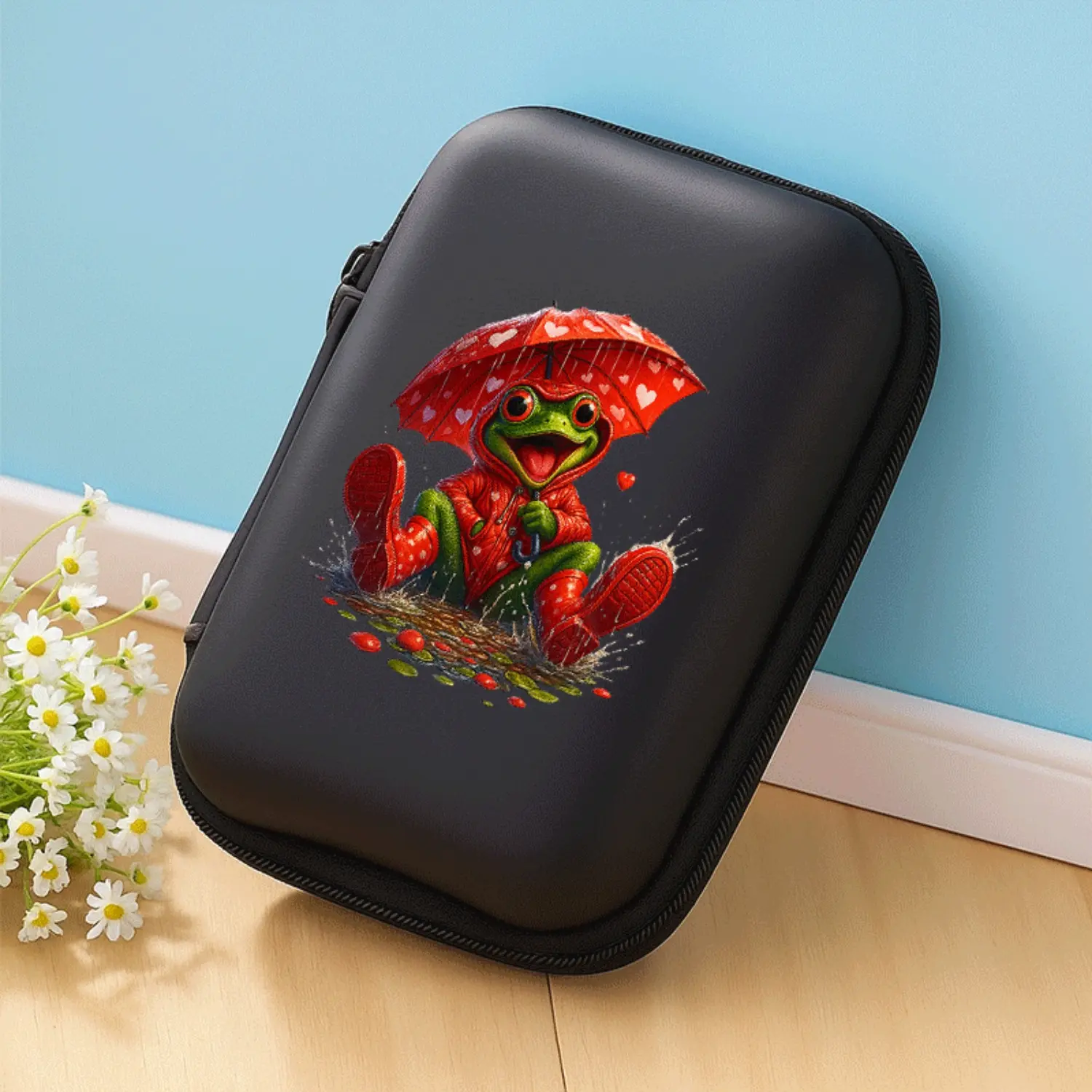 A beautiful and cute rainy season frog pattern storage box, essential for office travel! EVA material earphone/data cable/charger storage box, compact design with mesh pockets, easy to organize charging cables