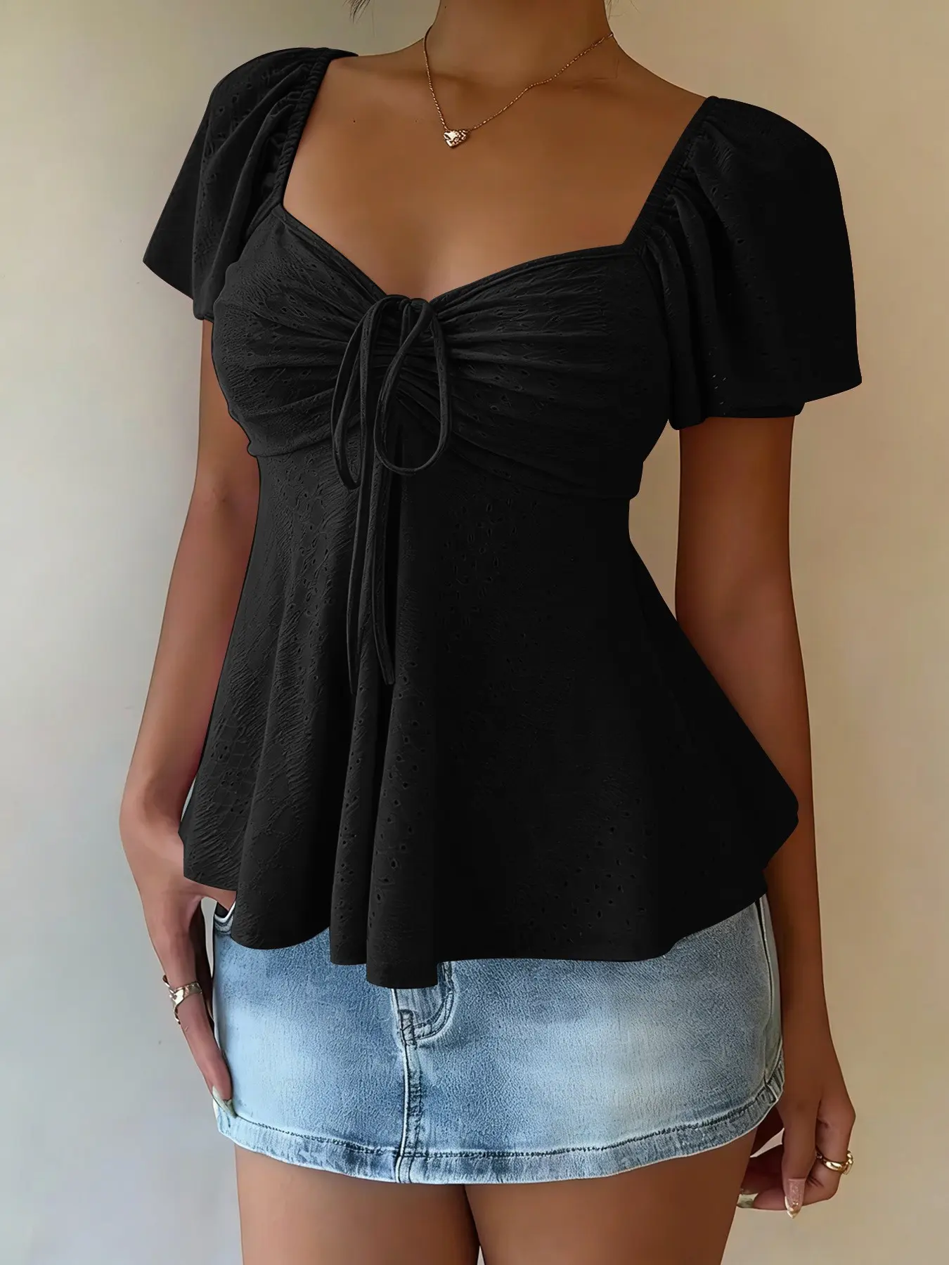 Women's Square Neck Drawstring Ruched Hollow Out Top, Short Sleeve Flutter Hem, Perfect for Beach Vacation, Coffee Date, Daily Streetwear