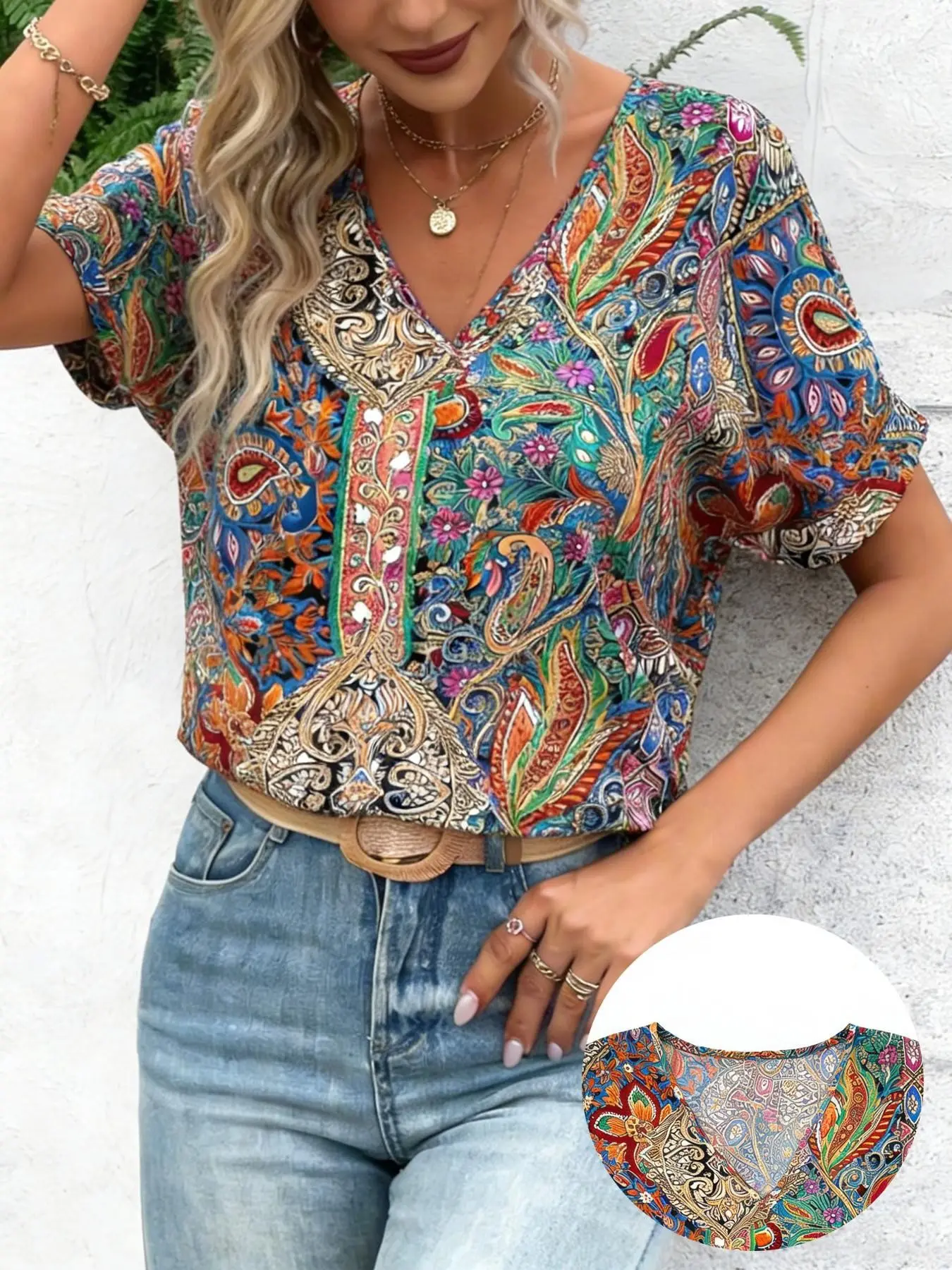 Fashion Casual Women's V Neck Short Sleeve Shirt Blouse, Bohemian Paisley Print Loose Top, Spring Summer Boho Ethnic Style, Daily Wear