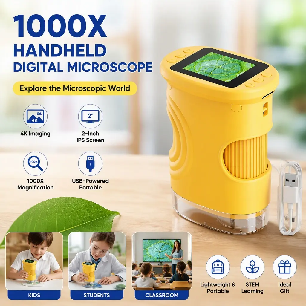 1000X Handheld Digital Microscope, 4K Imaging 2‑Inch IPS Screen, USB‑Powered Portable STEM Microscope, Educational Science Tool for Kids, Students, Classroom Learning