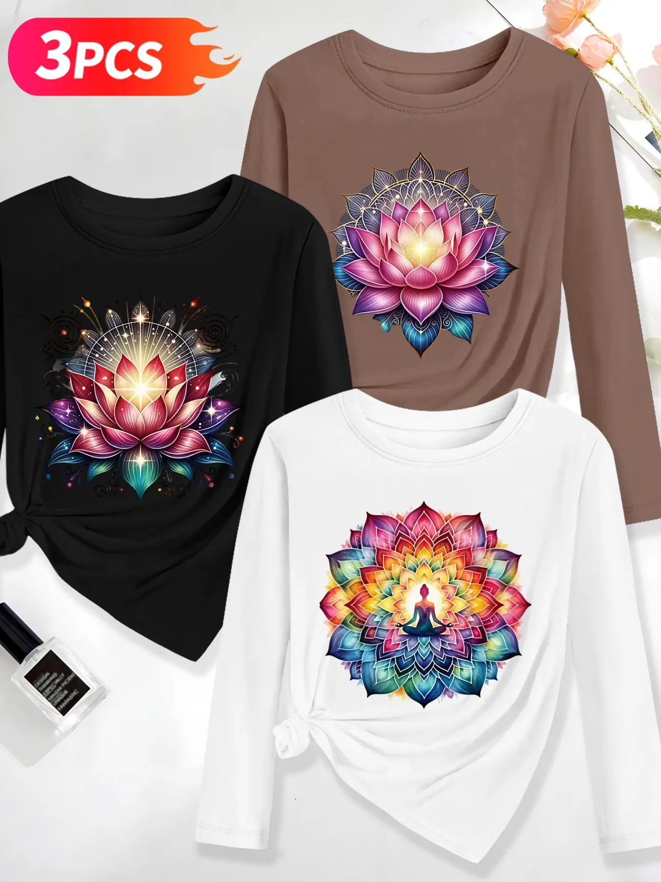 3Pcs Women Crew Neck Long Sleeve T-Shirt, Healing Watercolor Print Mandala Lotus & Yoga Meditation Floral Graphics, Multi-color Available, Machine Washable, Soft Skin-friendly Spring Autumn Daily Stylish Top