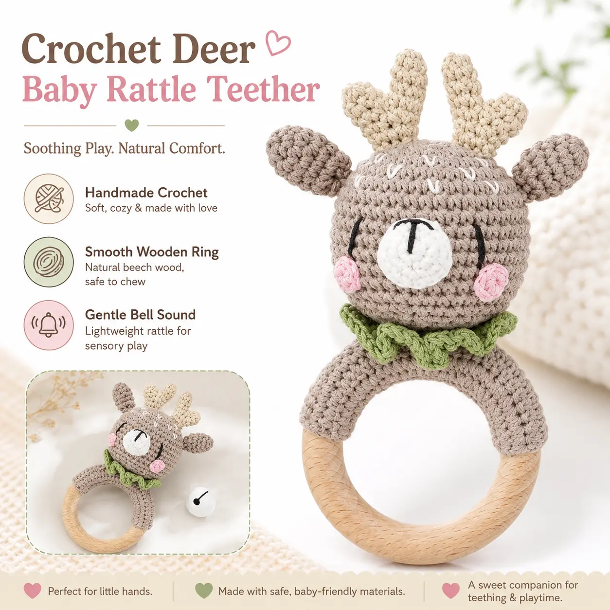 Handmade Crochet Teether Rattle for Babies, Soft Cloth Animal Soothing Toy with Safe Material Wooden Ring, Newborn Gift, Animal Theme