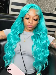 Mint Blue Body Wave Wig 13x4 Lace Front Wig Soft HD Transparent Lace Wig Pre-Plucked Hairline Heat-Resistant Synthetic Wig Teal Wavy Wig Lace Frontal Wigs for Women Parties Cosplay Stage Beach Wave Wig 28 Inches