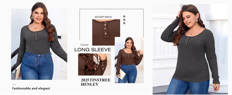 Women’s Plus Size Henley T Shirts Long Sleeve Button Down Tunic Blouse Loose Fit Tops Scoop Neck Ribbed Knit Shirts BBW Big Beautiful  Woman Over Size