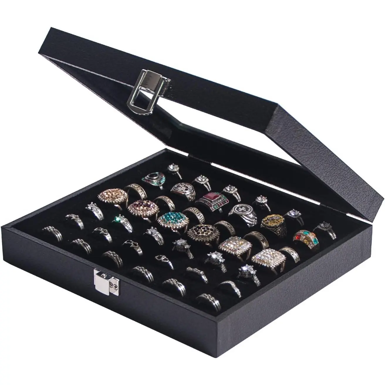 Ring Organizer Display Case,Black Jewelry Storage Tray Boxes for Multiple Rings,Glass Lid,Stackable. (42 Slots)
