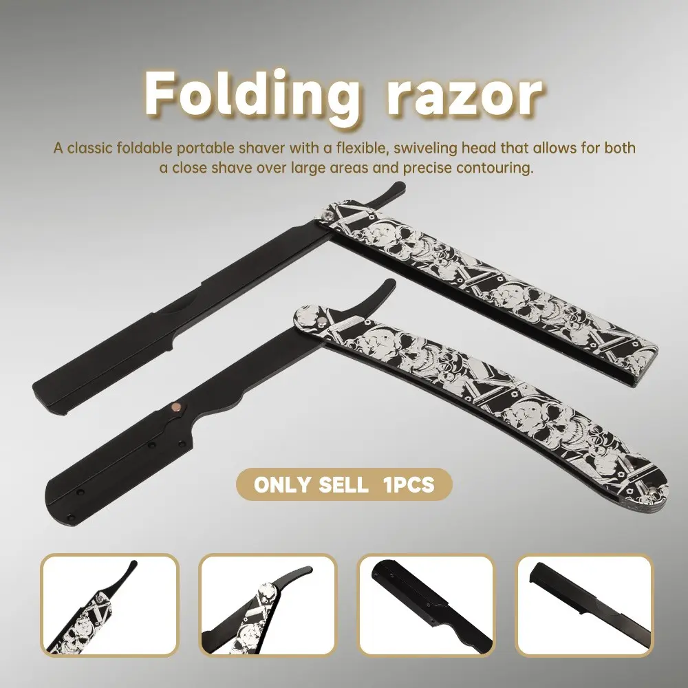 Gothic Skull Folding Razor, Detachable Blade Holder, Ergonomic Handle, Manual Precision Beard Brow Sideburn Trimmer, Home Barber Shop Men's Grooming