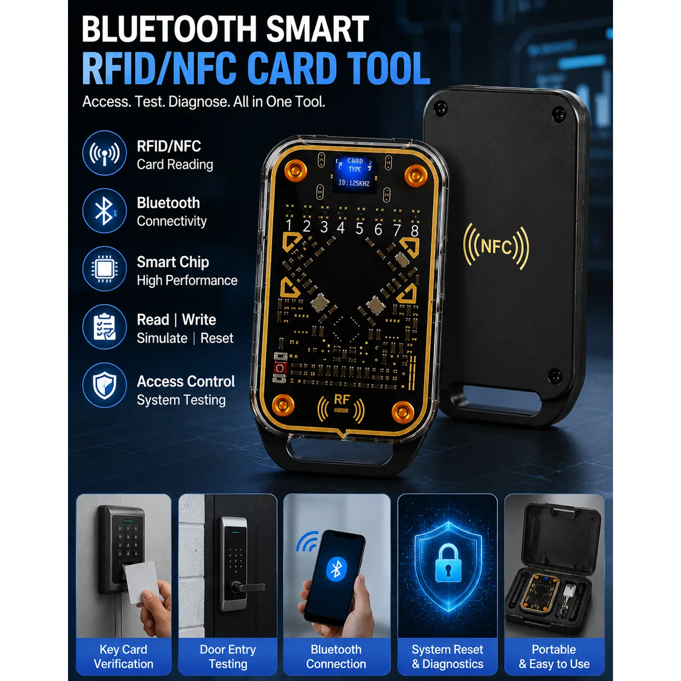 Bluetooth Smart RFID/NFC Card Reader & Diagnostic Tool, Portable Access Control Card Tester for Key Card Verification, Authorized Door Entry Testing, System Reset and Maintenance