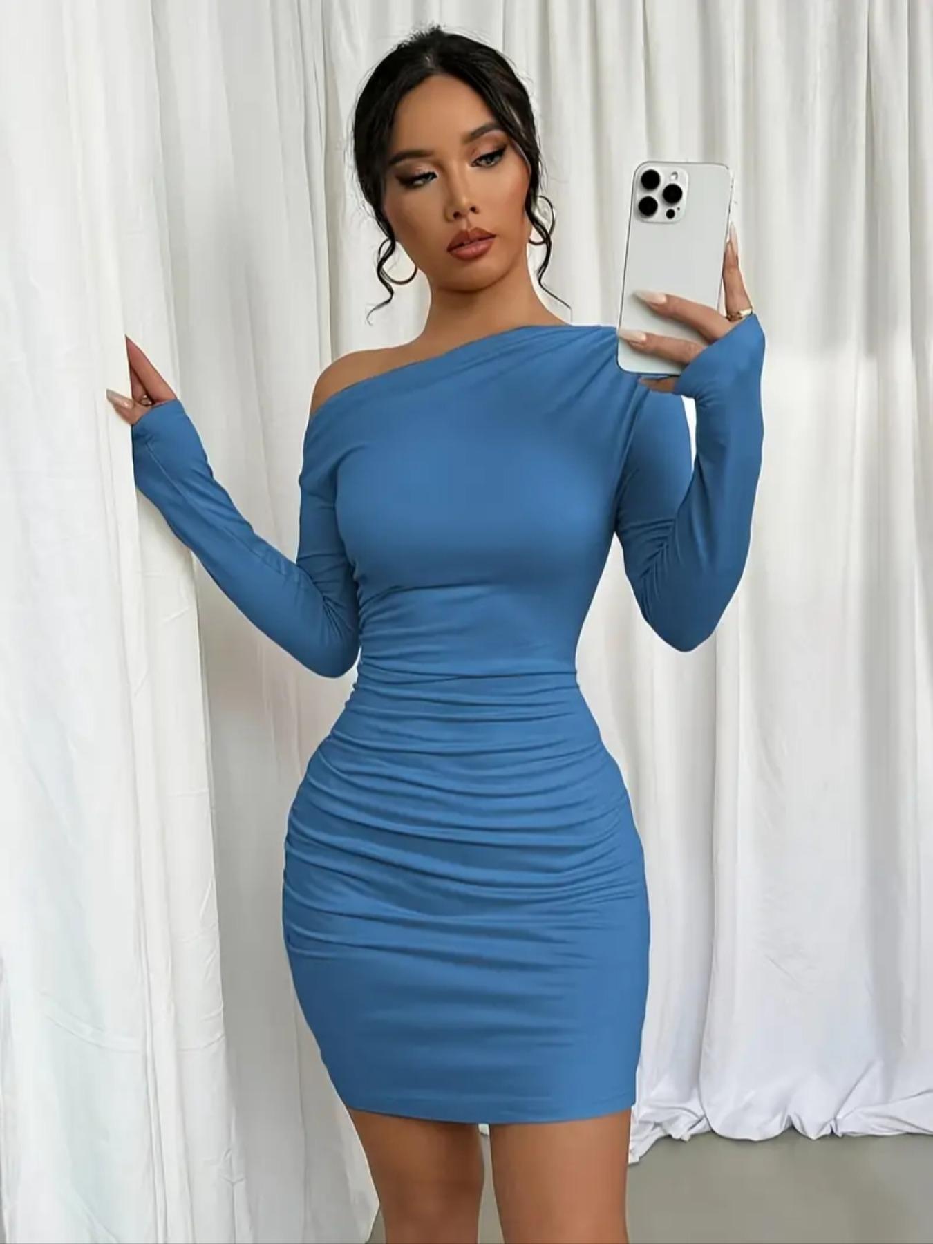 Elegant Asymmetrical Neck Long Sleeve Knit Dress, Pure Color Ruched Design, Women's Fashionable Formal for Special Occasions