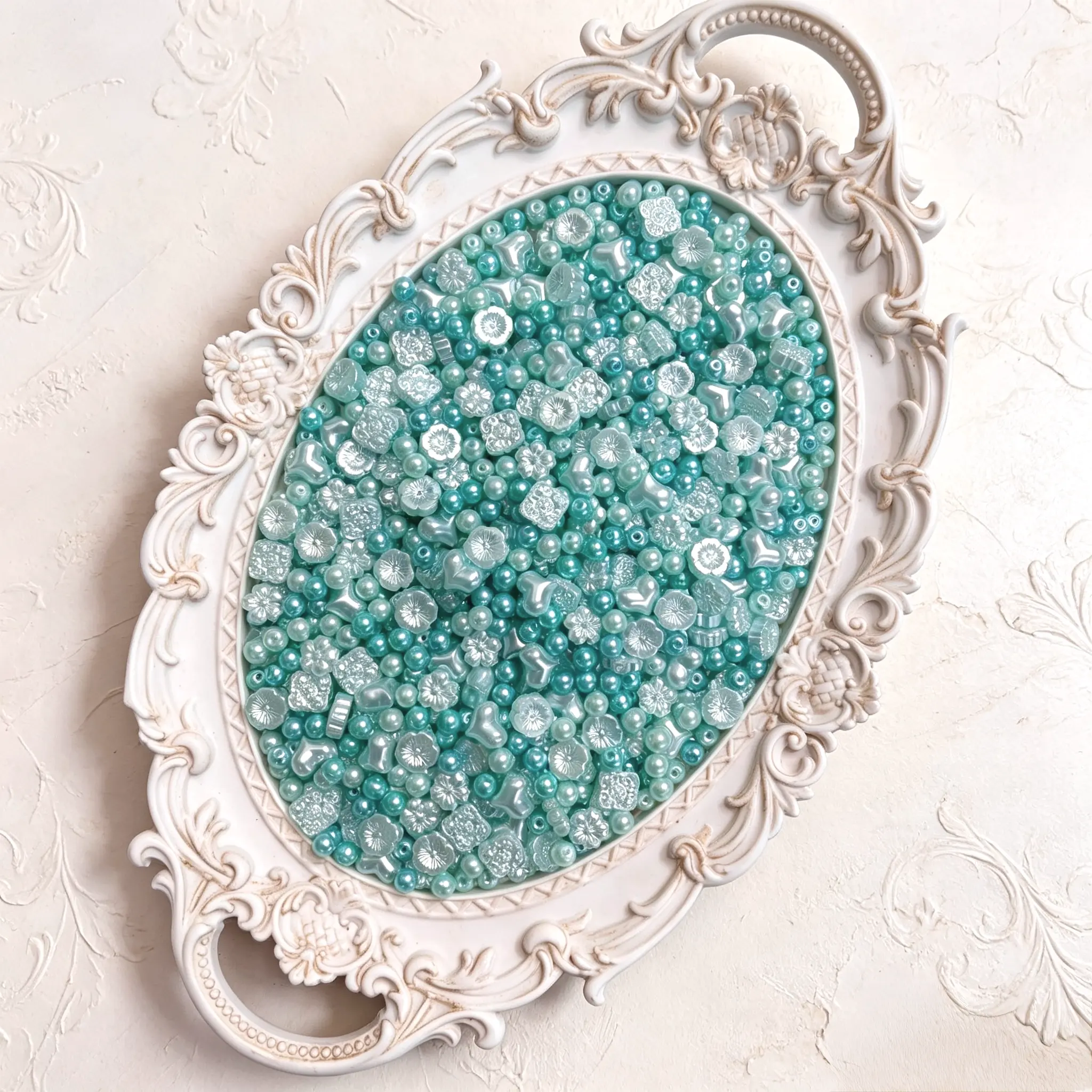 ✨【NEW】Aqua Glow | Imitation Pearl Glass Beads, Vintage Embossed Flower Heart Loose Beads for DIY Bracelet Necklace Jewelry Making