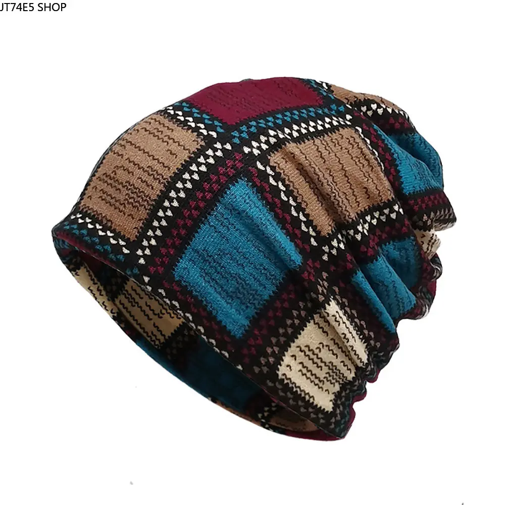 Autumn‑Winter Retro‑Print Knit Slouch Beanie, Unisex 2‑in‑1 Convertible Scarf Pullover Hat, Ear‑Protection Multi‑Use Headscarf‑Style Headwear for Cold‑Weather Daily Outfits