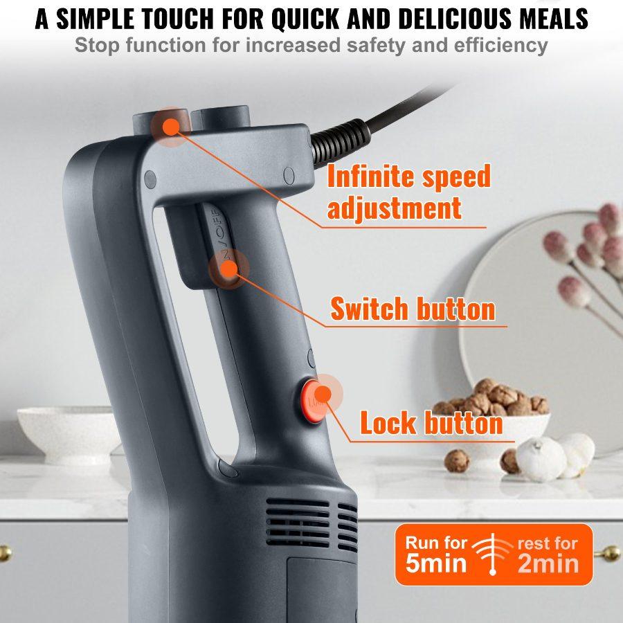 VEVOR Commercial Immersion Blender, 750W 16 Heavy Duty Hand Mixer, Variable Speed Kitchen Stick Mixer with 304 Stainless Steel Blade, Multi-Purpose Portable Mixer for Soup, Smoothie, Puree, Baby Food
