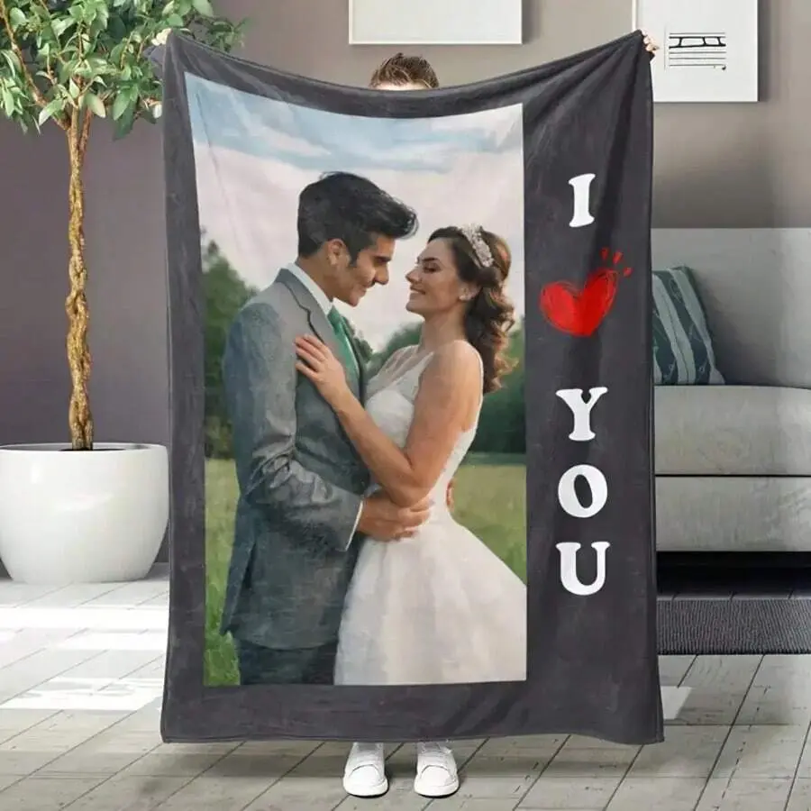 Custom I Love You Vertical 1 Photo Wedding Flannel Blanket, Heart Bride Groom Personalized Soft Throw, Cozy Warm Romantic Newlywed Gift for Her Him, Anniversary Home Decor for Couch Sofa Bed, AC Room Summer Blanket, Marriage Keepsake Gift