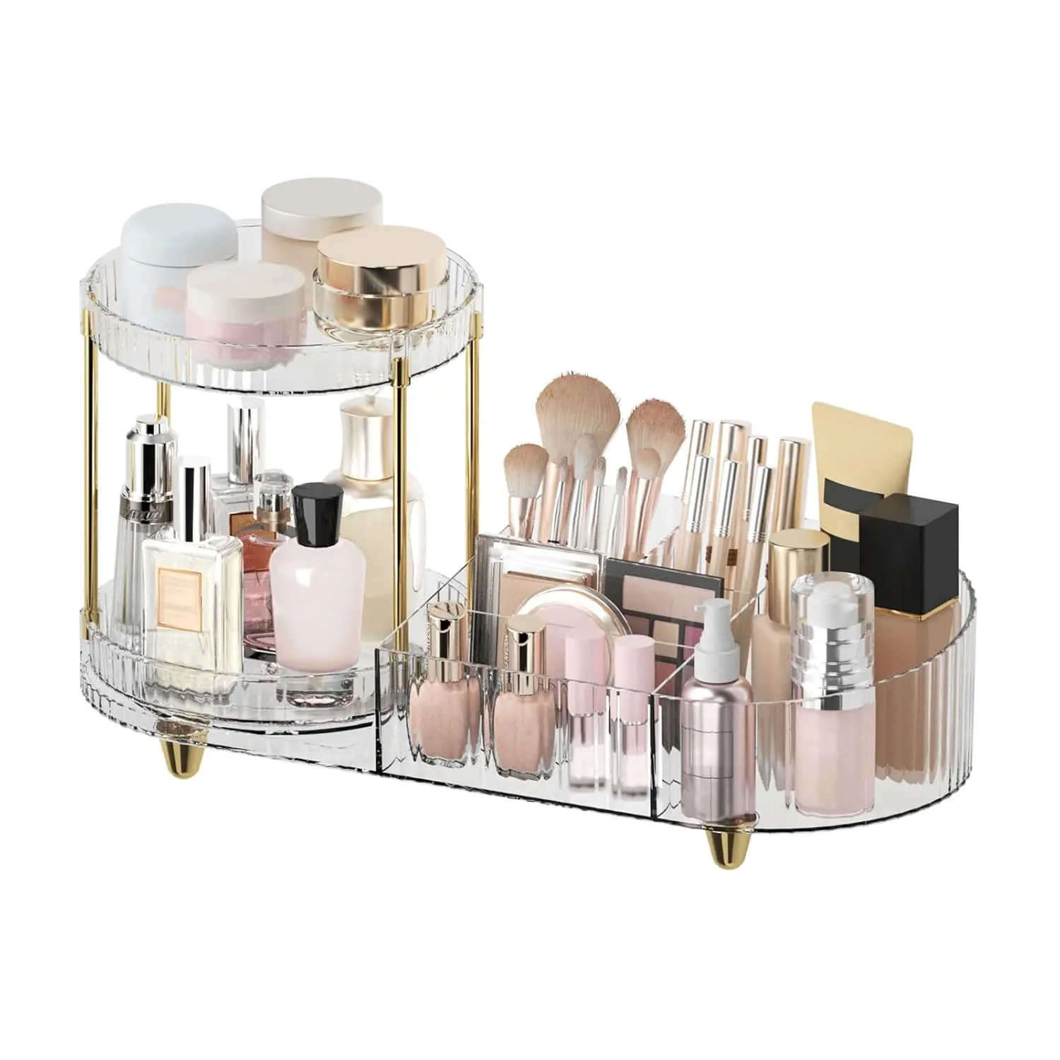 Makeup Organizer Countertop for, Rotating Perfume Tray with 5-compartment Cosmetic and Skincare Organizers, Multi-Purpose Desk Makeup Brush Holder for Bedroom Counter