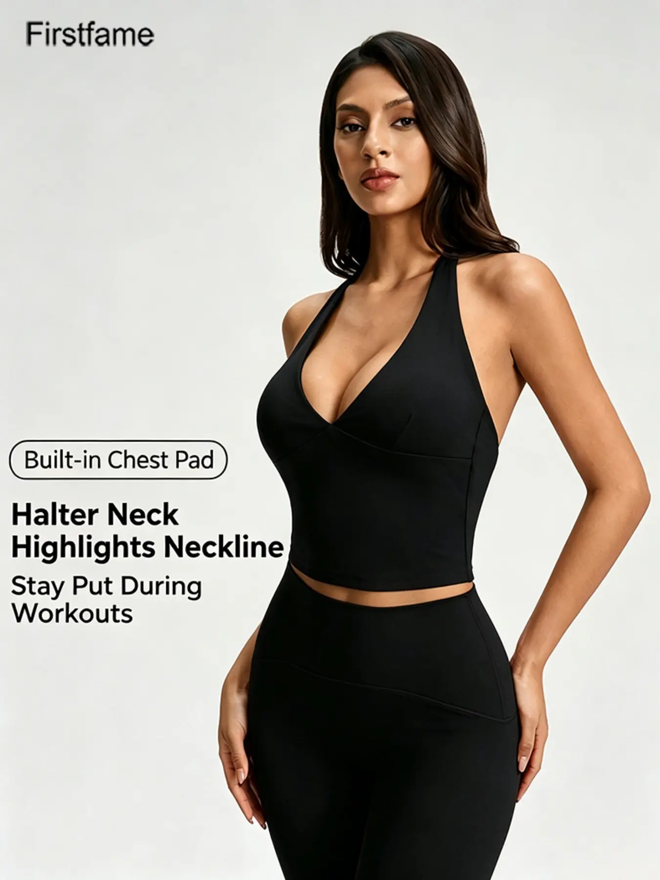 Halter Sports Bra, Deep V Neck Sexy Fit, Backless Yoga Workout Top, Detachable Pads, Women's Fitness Apparel