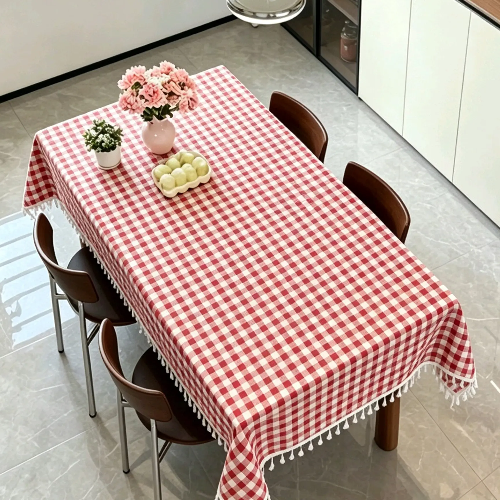 Japanese Style Plaid Tablecloth with Fringe, Cotton Linen Waterproof, Durable for Round and Long Tables, Ideal for Home Dining and Tea Time